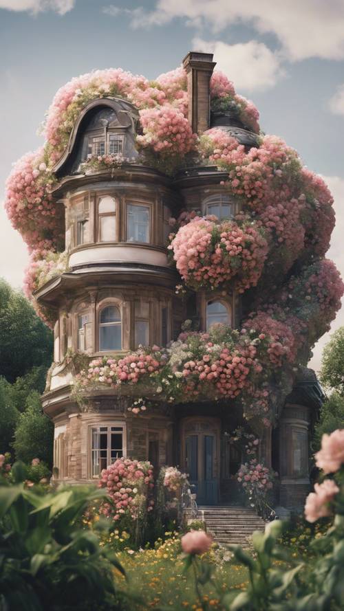 Büyük, çiçek açan bir çiçekten doğal olarak büyümüş gibi görünen bir ev.