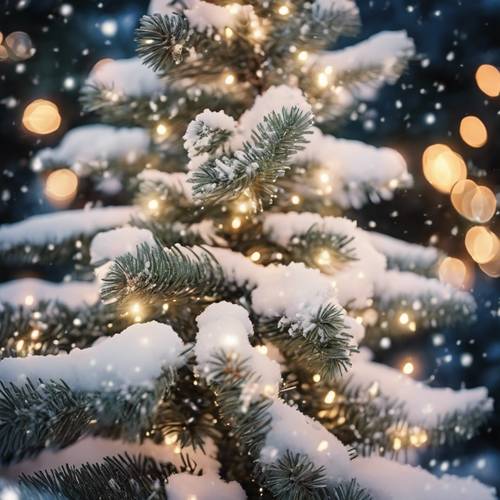 Śnieżnobiała scena bożonarodzeniowa z udekorowaną sosną i migoczącymi światłami.