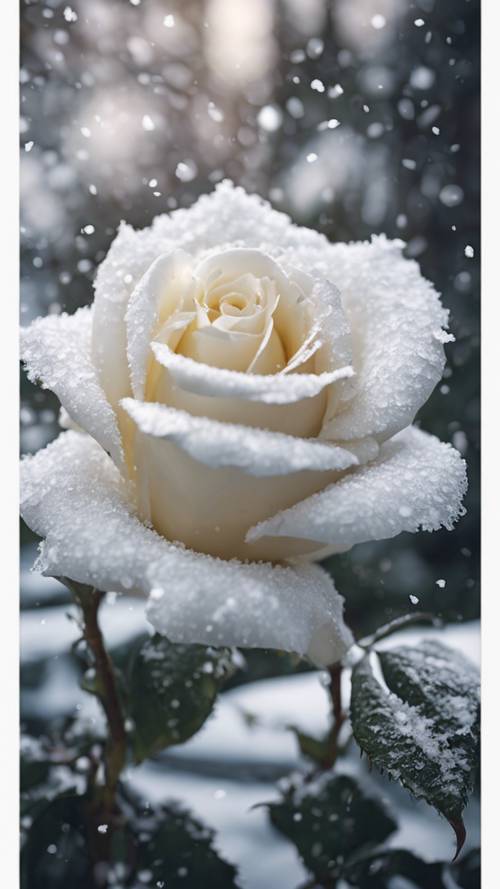 Bidikan jarak dekat dari mawar putih, kelopaknya ditaburi salju putih murni.