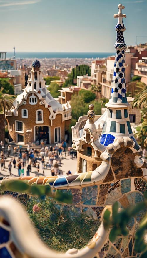 A beautiful panorama of Park Güell in Barcelona, filled with vibrant Gaudi mosaics.