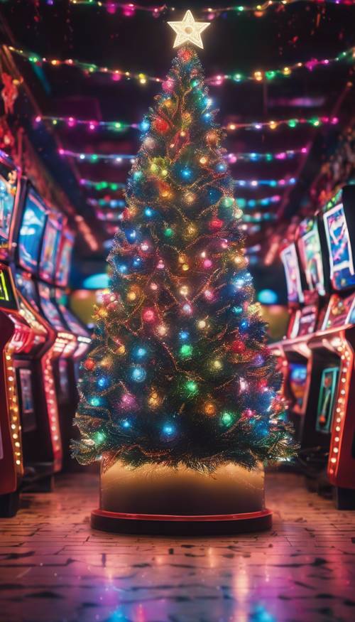 Un árbol de Navidad tejido con luces festivas, situado en medio de una sala de juegos de videojuegos de estilo retro.