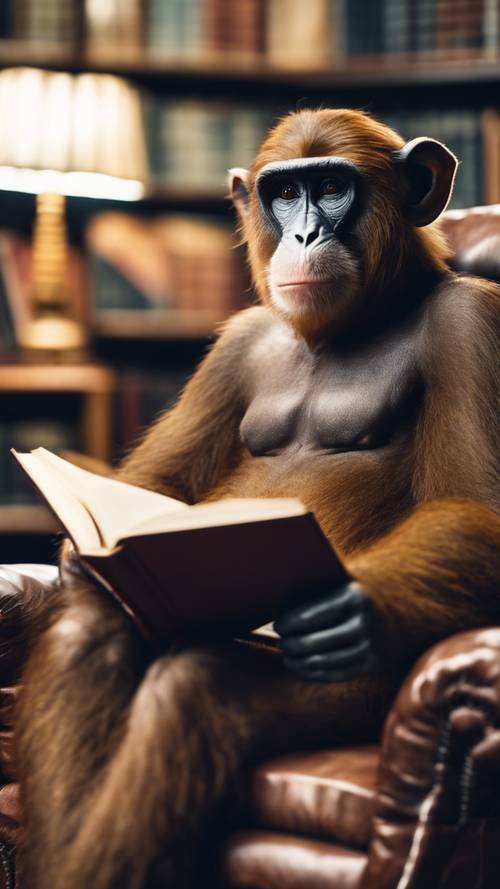 A stylish preppy monkey reading a hardcover book in a comfortable leather armchair in a library.