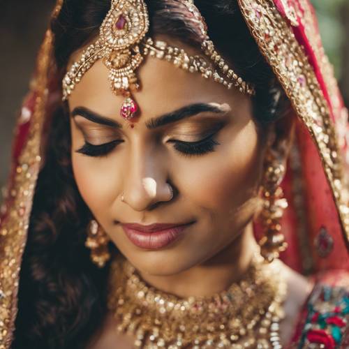 Eine wunderschön geschmückte traditionelle indische Braut in ihrem reich bestickten, bunten Hochzeitskleid.