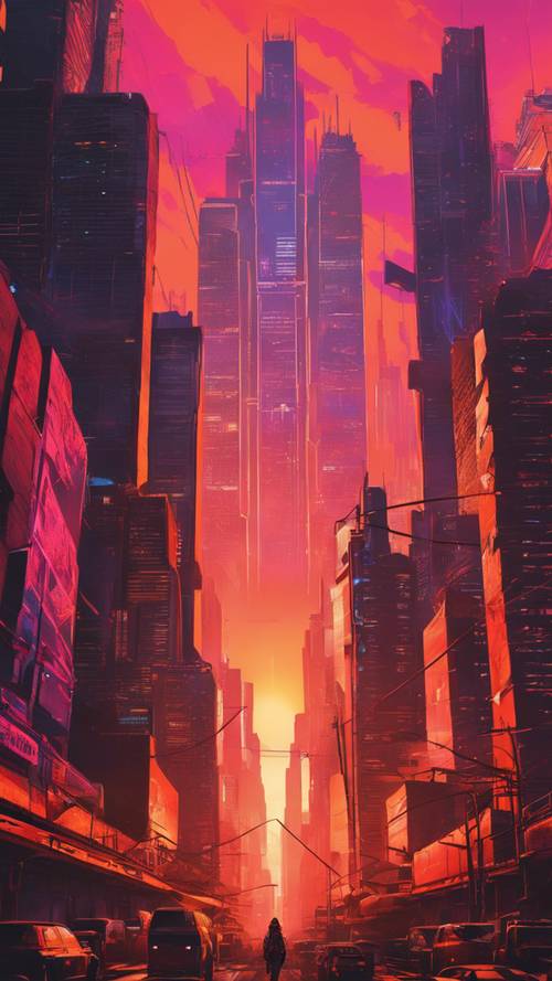 Uno skyline inquietante dominato da enormi grattacieli sotto un sole arancione al tramonto in un mondo cyberpunk.