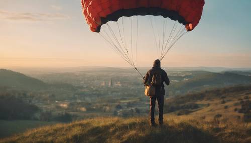 Un homme au sommet d&#39;une colline à l&#39;aube, tenant un parachute en forme de cœur sur le point de prendre son envol.