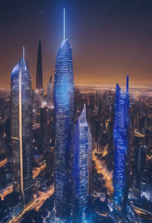 Un elegante paesaggio urbano futuristico con grattacieli argentati, sotto una serata stellata color cobalto.