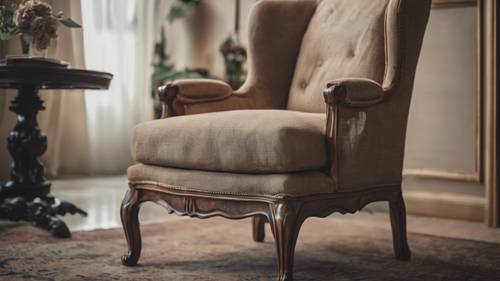 A high-quality, antique armchair upholstered with burlap in a classy living room.