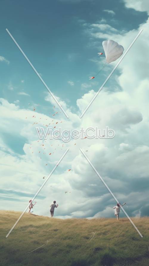 Dreamy Sky Filled with Clouds and Floating Red Papers