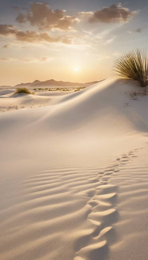 Eine ruhige Strandlandschaft im Morgengrauen, der weiße Sand reflektiert die goldenen Sonnenstrahlen.
