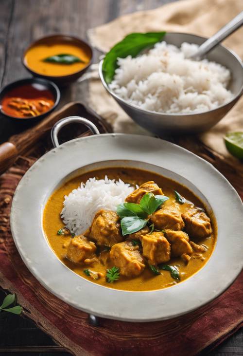 Curry rybne z Kerali z mlekiem kokosowym, podawane z ryżem.