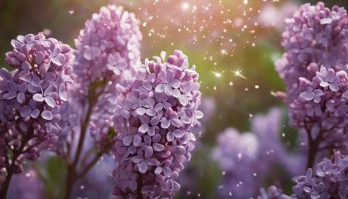 Pequenas flores lilás desabrochando de um vaso, com um toque de brilho mágico ao redor.
