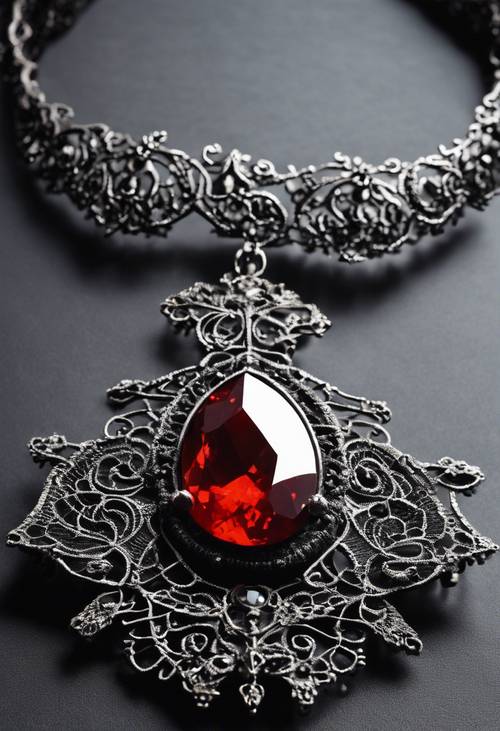 Ein schwarzes Spitzenhalsband mit einem kostbaren roten Edelstein in einem aufwendigen silbernen Gothic-Design.