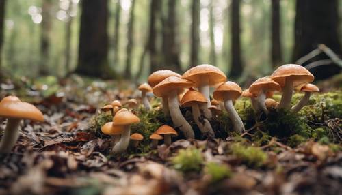 A forest trail adorned with mushrooms sprouting up from the undergrowth, celebrating the bounty of fall.