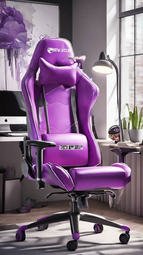 Uma moderna cadeira de jogos roxa com detalhes em branco em um escritório doméstico elegante e luminoso.