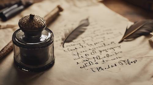 Close-up of a hand-written motivational quote on a piece of parchment, a vintage feather quill and inkpot nearby. Tapeet [755f8c1a3b65444ba277]