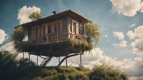 Uma estrutura isolada flutuando no céu, com estilo de uma casa nas nuvens.