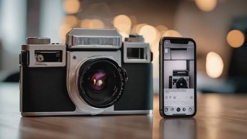 An iPhone 11 Pro placed next to an analog film camera, showing the progression of technology. Tapet [51f36905efaf4b15a746]