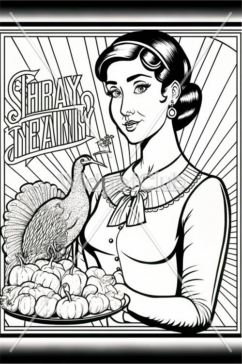 Vintage Lady with Thanksgiving Turkey Feast