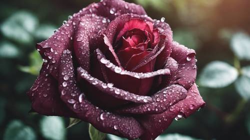 Ein elegantes Bild einer burgunderfarbenen Rose mit Tautropfen, die wunderschön in einem gepflegten Blumengarten in der Stadt Burgund blüht.