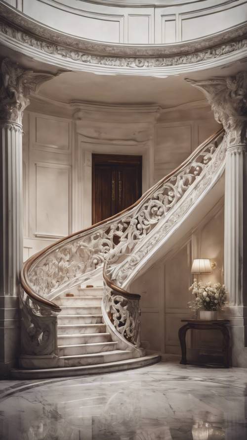 Eleganckie schody z białego marmuru wijące się w górę w kierunku dużych, zabytkowych drewnianych drzwi