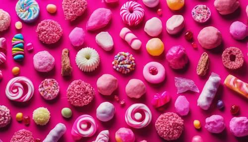 A vibrant collage displaying various sweets and candies all in hot pink color. Tapet [7209791b283a4a509854]