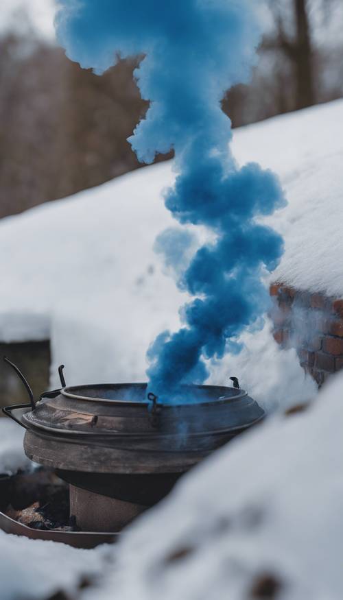 Blue smoke spiraling out of a chimney on a bitter winter day.