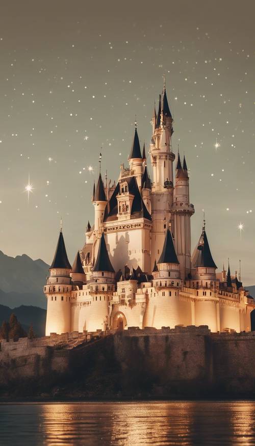 Un grand château éclairé de jaune pastel sous un ciel nocturne étoilé.