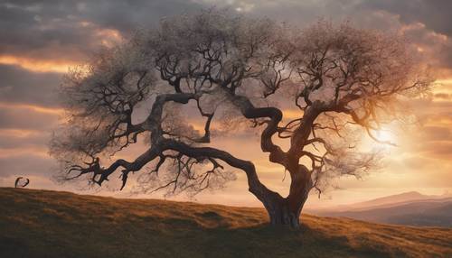 Ein grauer Baum auf einem Hügel vor einem dramatischen Sonnenuntergang, Heimat von Schwärmen rastender Vögel.