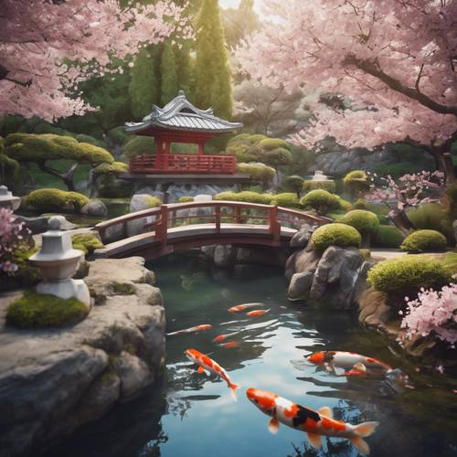 Un tranquilo estanque koi ubicado dentro de un exuberante jardín japonés, rodeado de cerezos en flor.