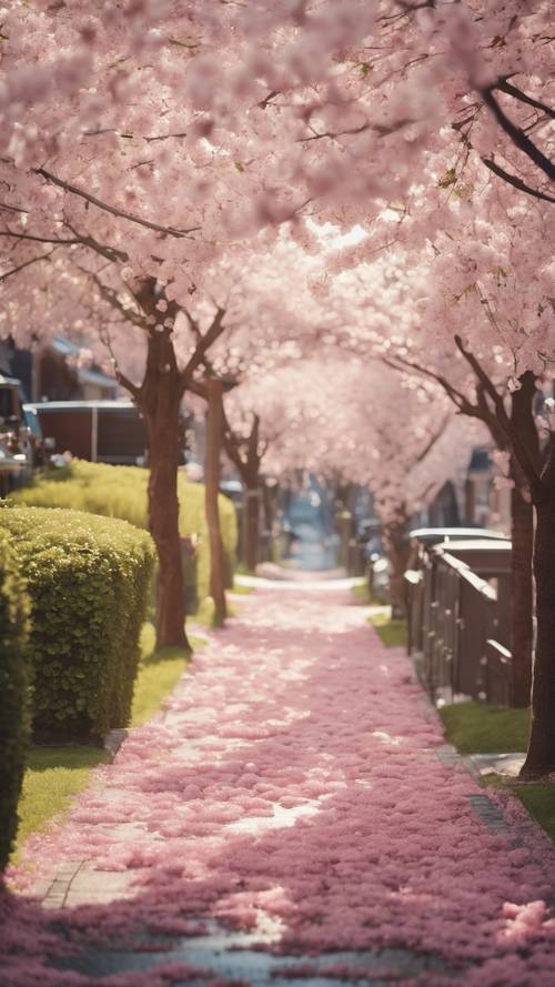 Una strada suburbana fiancheggiata da case e alberi di ciliegio in fiore che inondano il sentiero di petali, donando un&#39;atmosfera eterea a una soleggiata mattina primaverile.