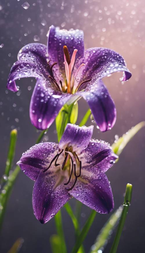 Un seul lys violet délicat avec des gouttes de rosée dessus.