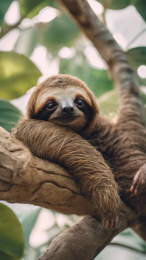 A baby sloth sleeping snugly and soundly on a plush, soft tree branch. Tapet [112097815ef248469aa7]