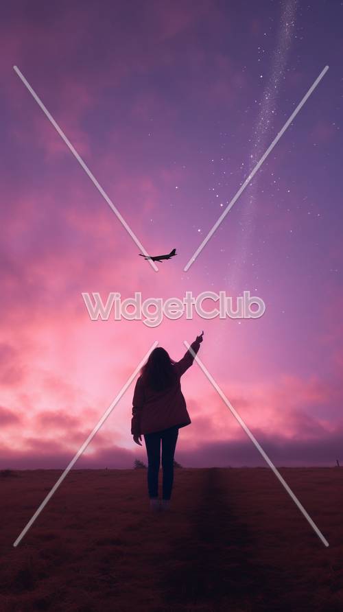 Atemberaubender violetter Himmel mit Sternschnuppen und Flugzeug