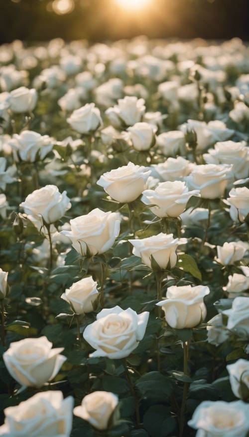 Поле, покрытое белыми розами и зелеными листьями в бледном свете рассвета.